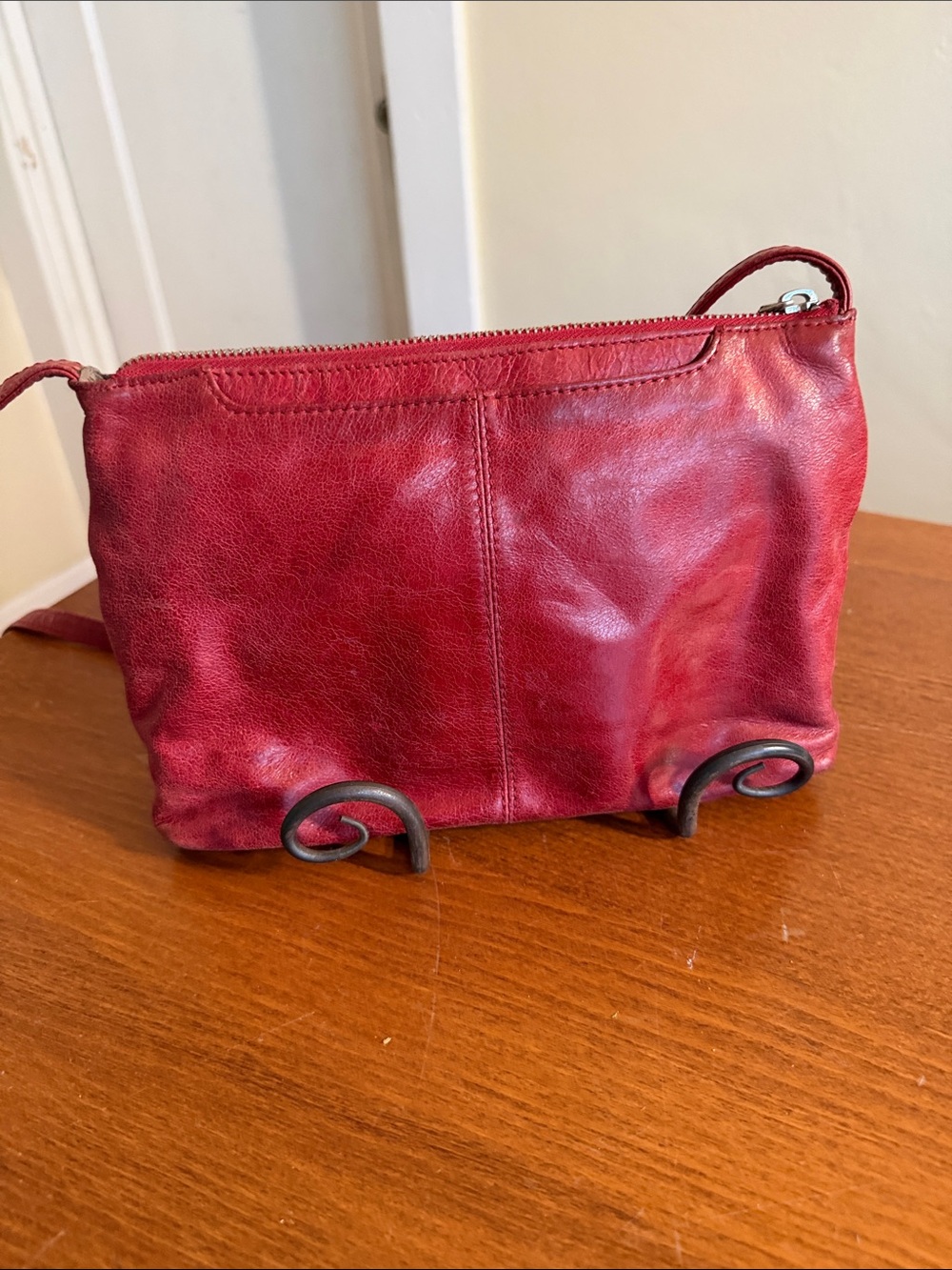 HOBO International Red Leather Crossbody Bag Multi Zip Distressed